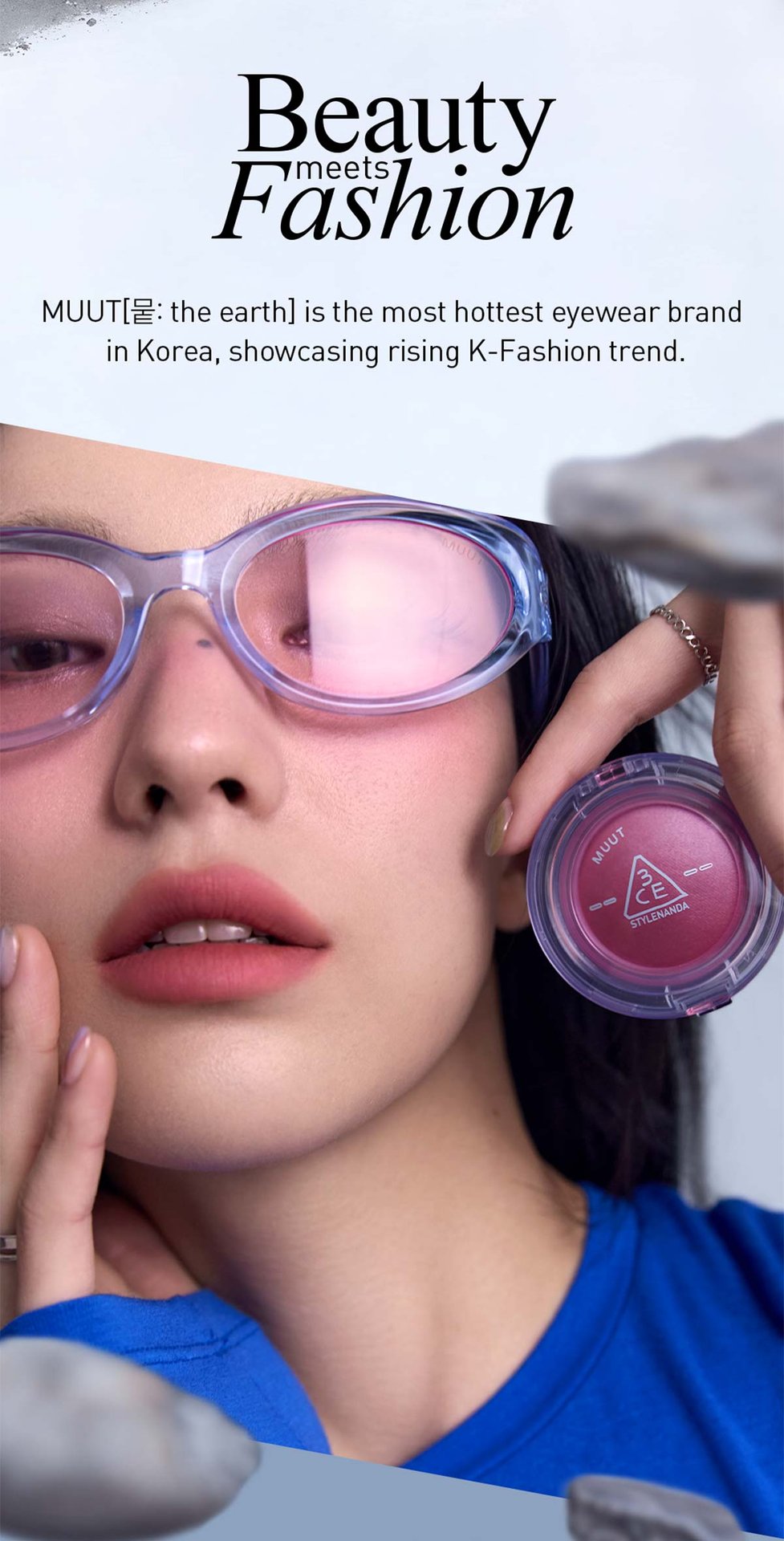 Key product visual with description of 3CE X MUUT BOUNCY BLUR BALM