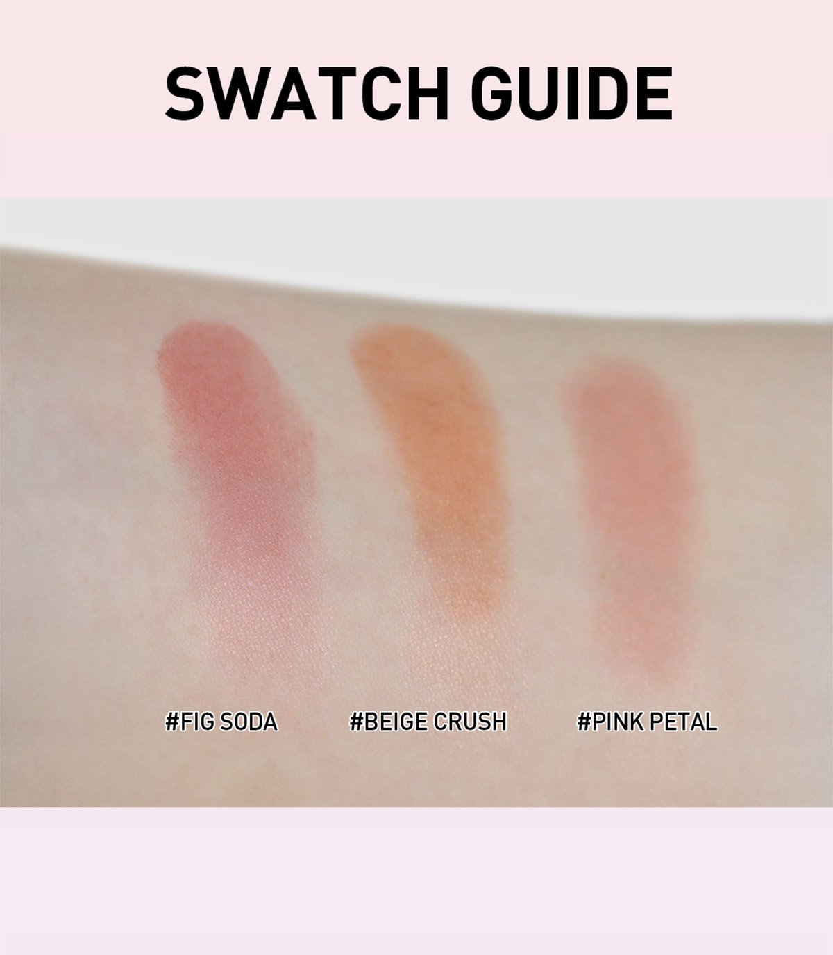 swatch guide of 3CE X MUUT BOUNCY BLUR BALM