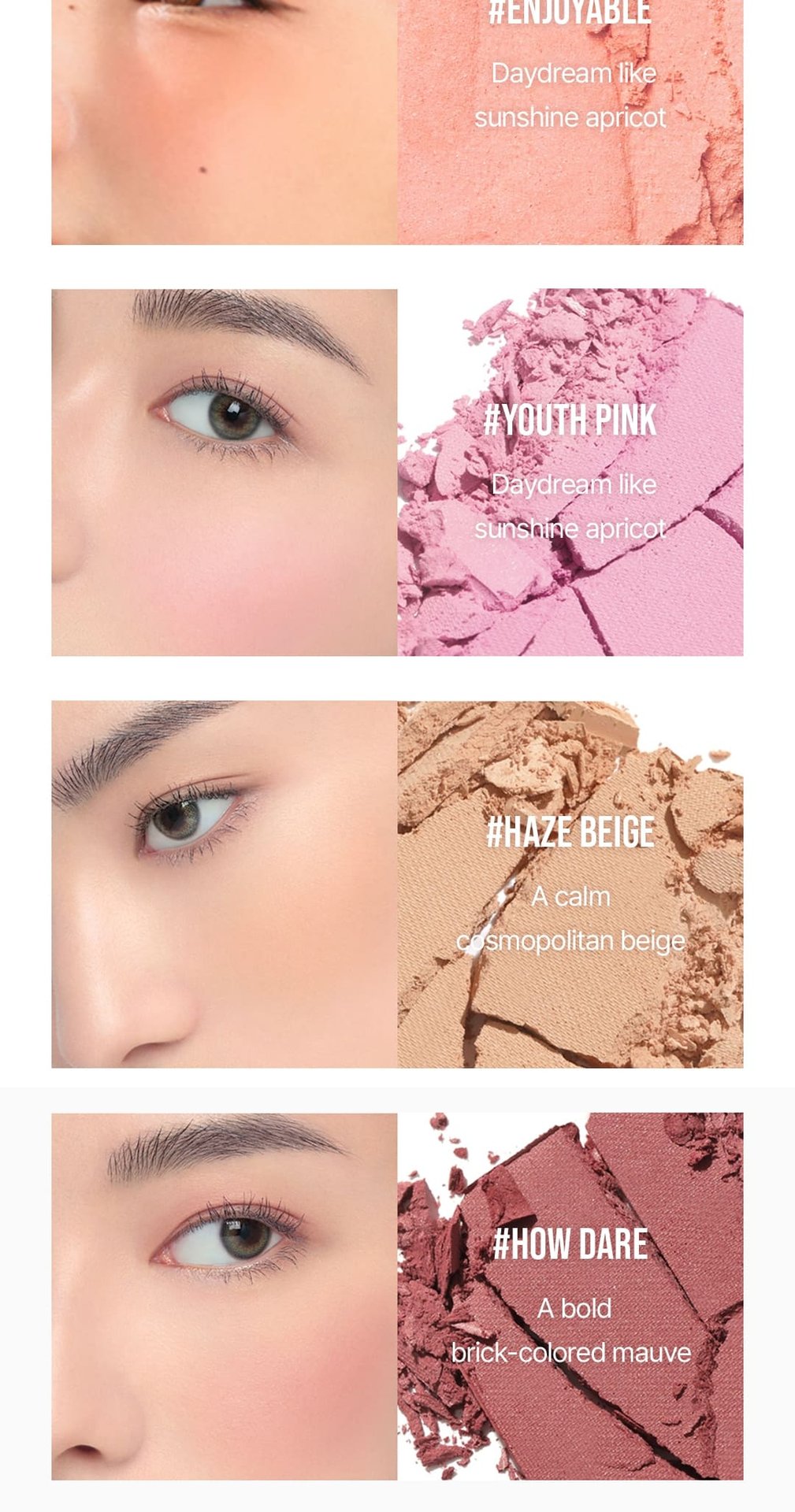 swatch images of per shade : enjoyable,youth pink, haze beige, how dare