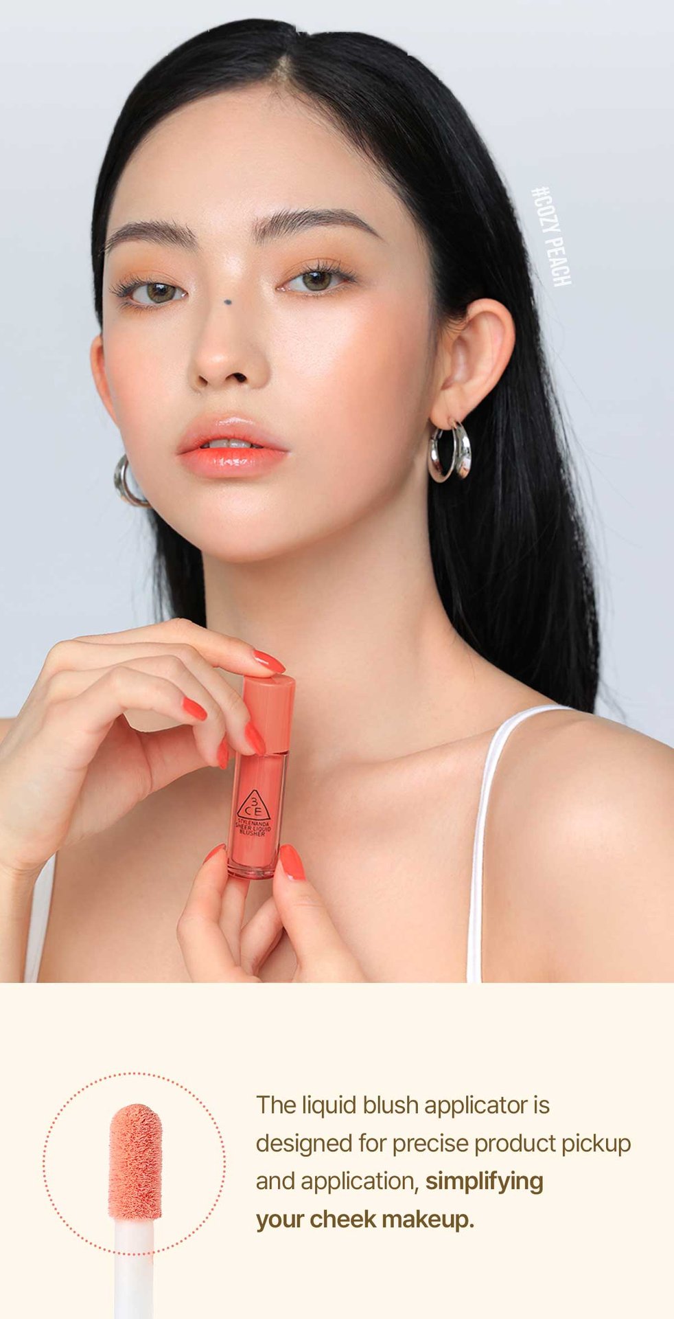 model visual of 3CE Sheer Liquid Blusher cozy peach shade