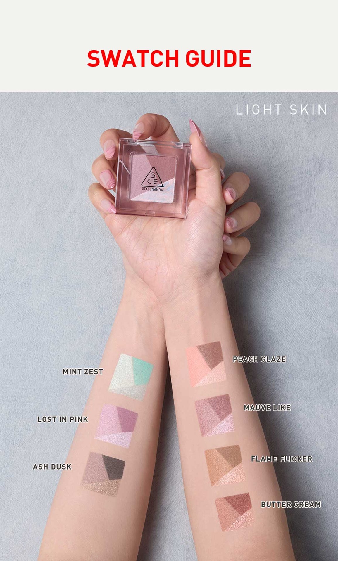 swatch guide for color grid eyeshadow shades : light skin