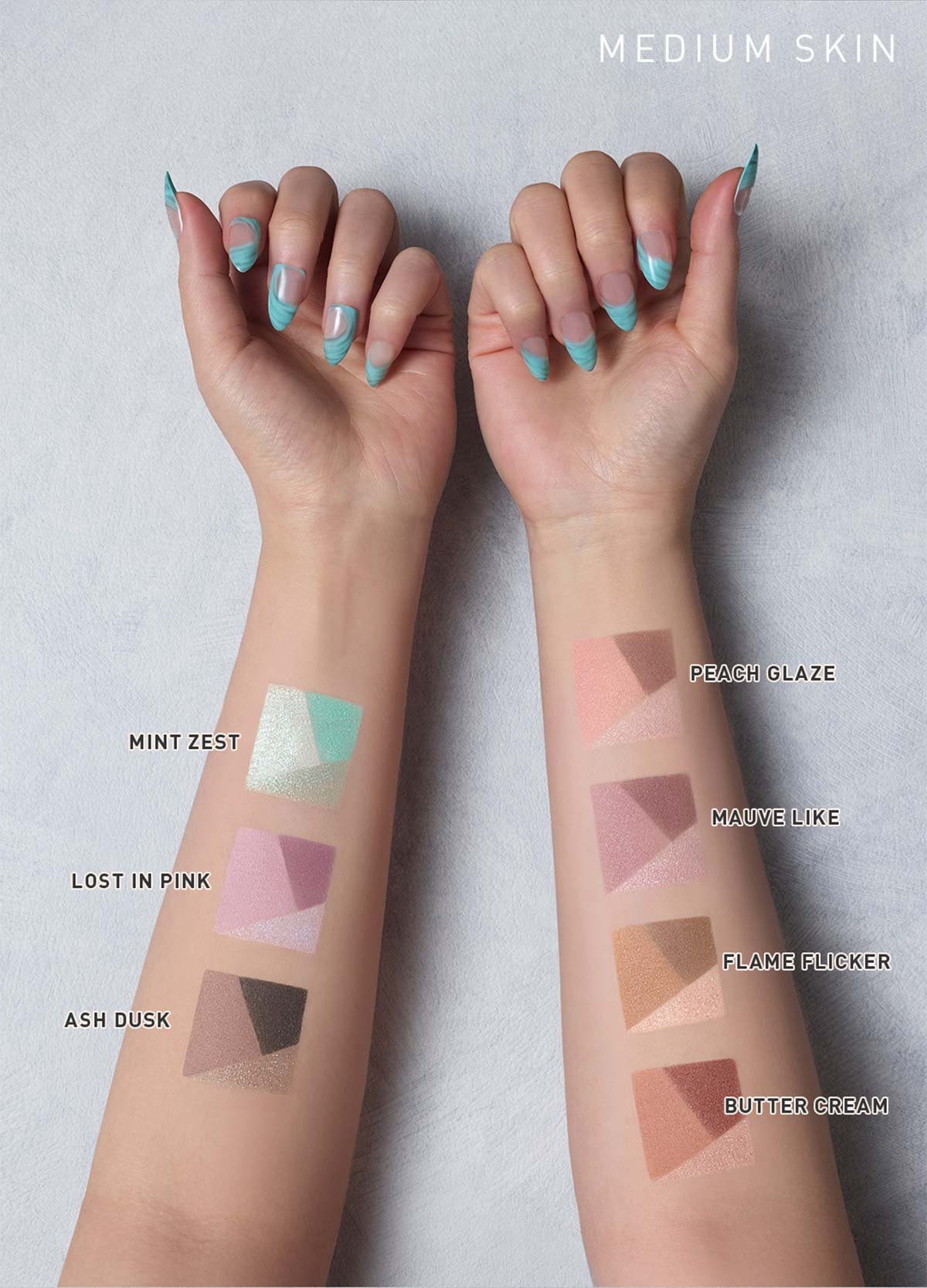 swatch guide for color grid eyeshadow shades : medium skin