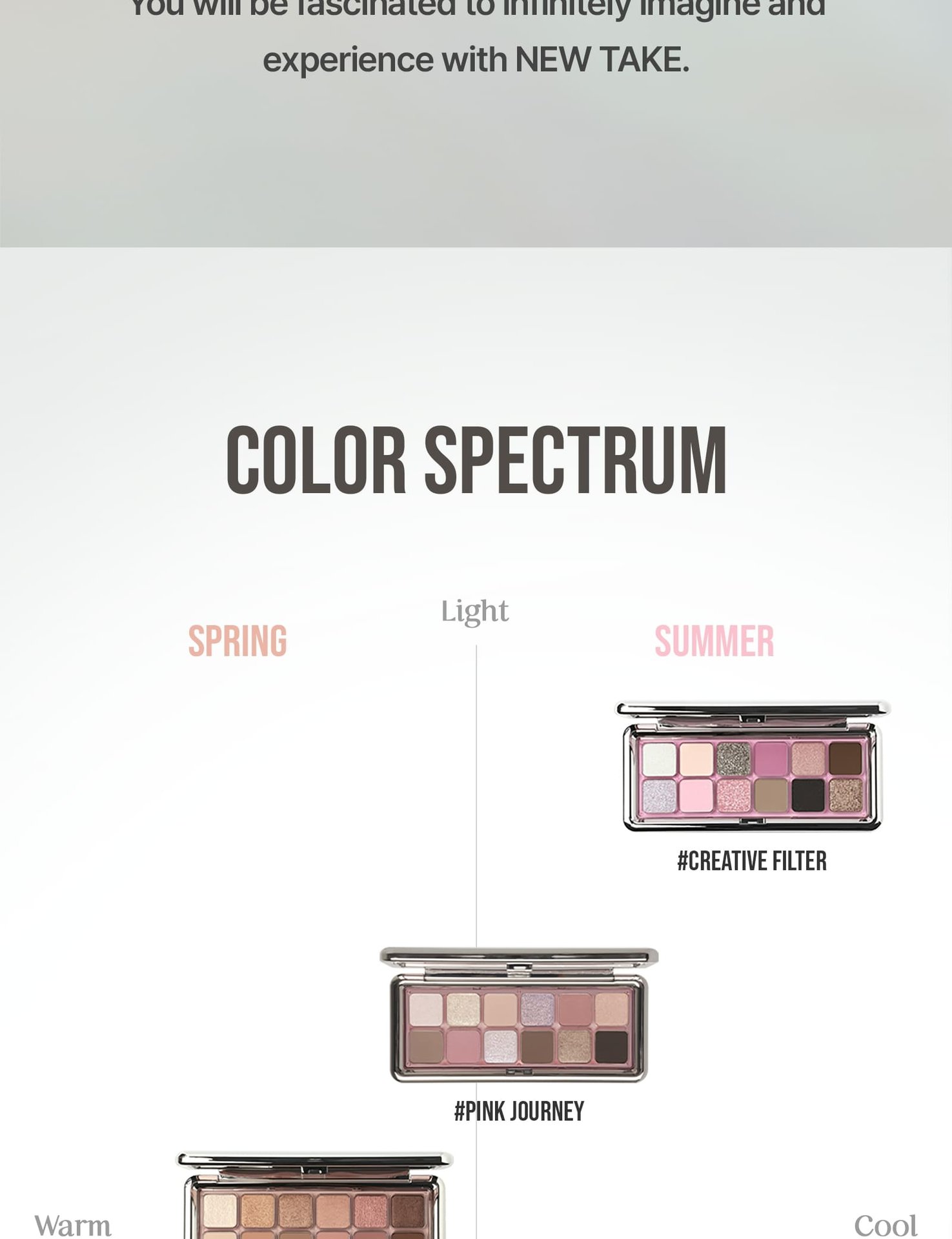 shade chart for 3CE New take eye shadow palettes, helping individuals find personal color