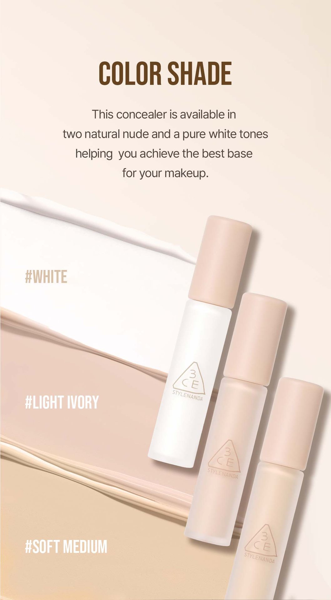 shade chart for 3CE Skin Fit Cover Liquid Concealer, helping individuals find the appropriate shades