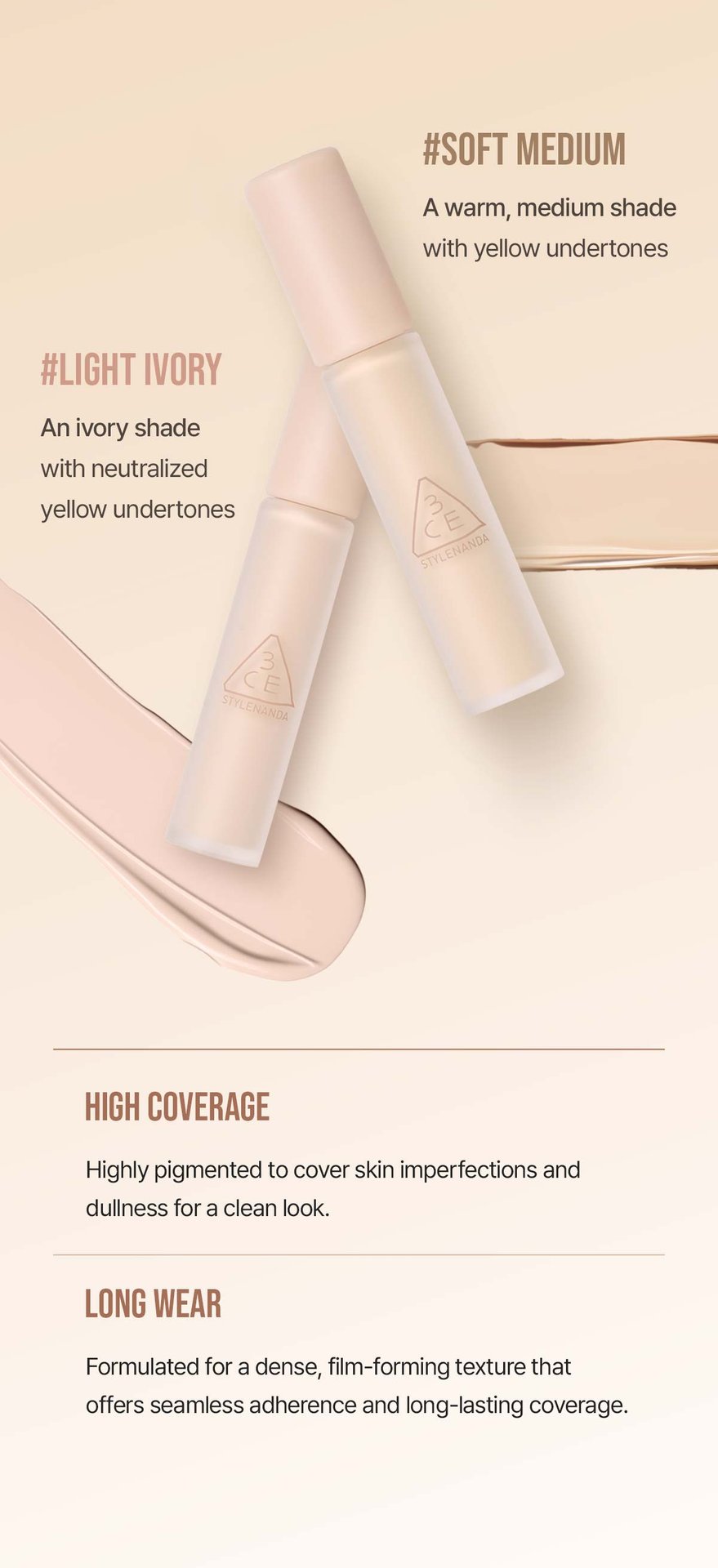 shade chart for 3CE Skin Fit Cover Liquid Concealer, helping individuals find the appropriate shades