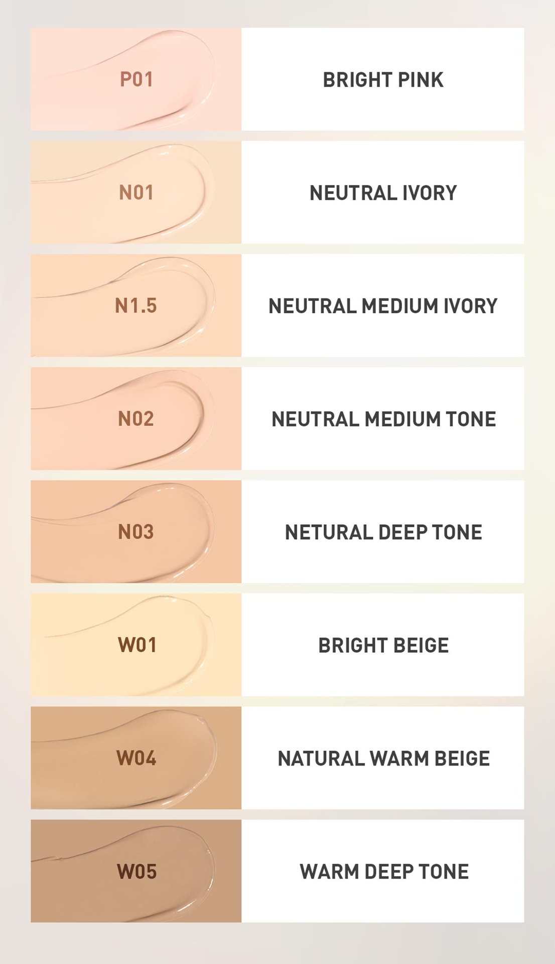 shade chart for 3CE Fitting Cover Mesh Cushions, helping individuals find the appropriate shades