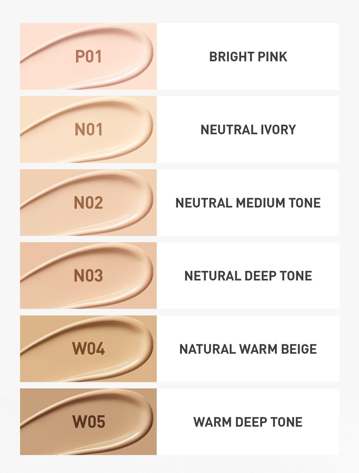shade chart for 3CE Fitting Mesh Cushions, helping individuals find the appropriate shades