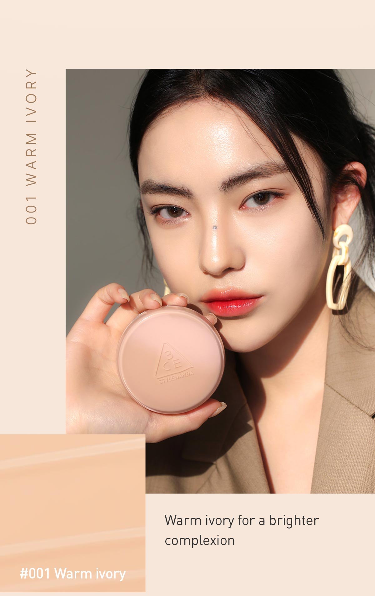 Key model visual of 3CE glow cushion warm ivory shades 