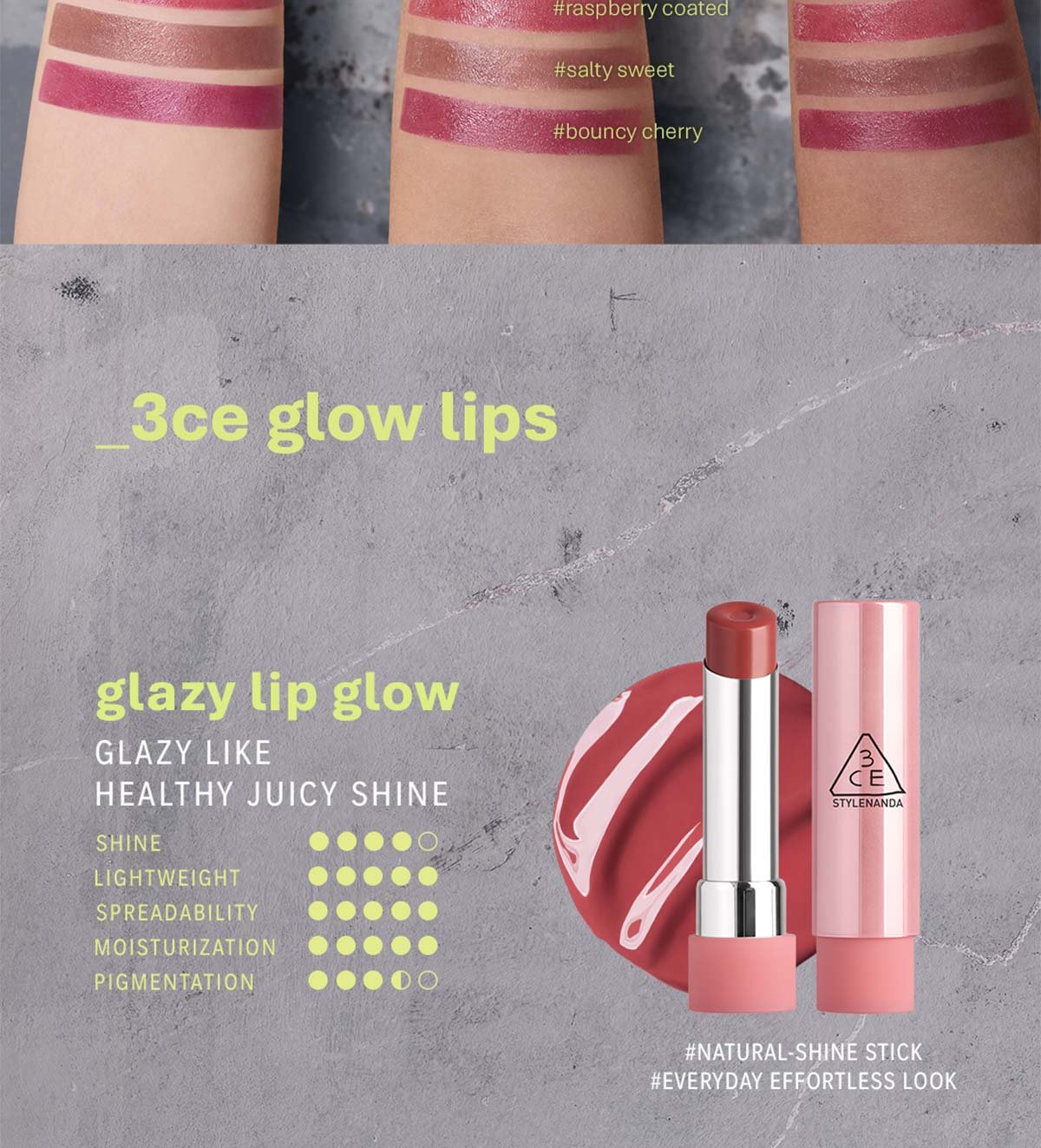 Key model visual of 3CE glazy lip glow 21