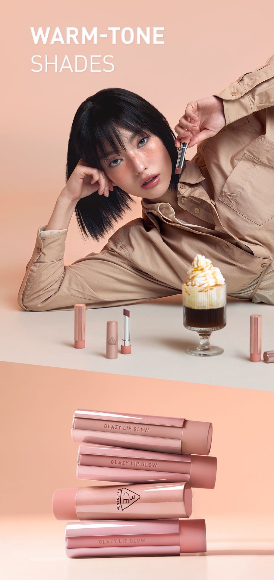 warm undertone shades of 3CE glazy lip glow