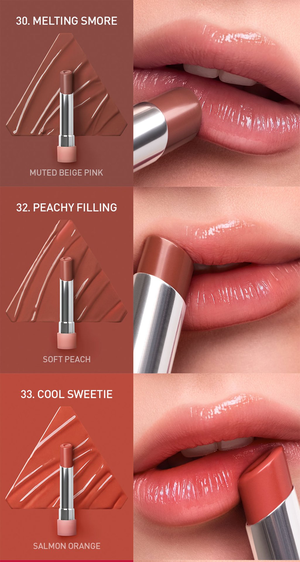 warm undertone shades of 3CE glazy lip glow