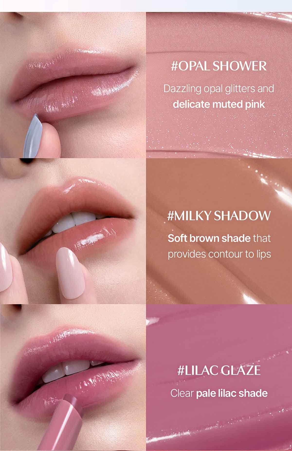 swatch images of per shade : Opal shower,milky shadow,lilac glaze 