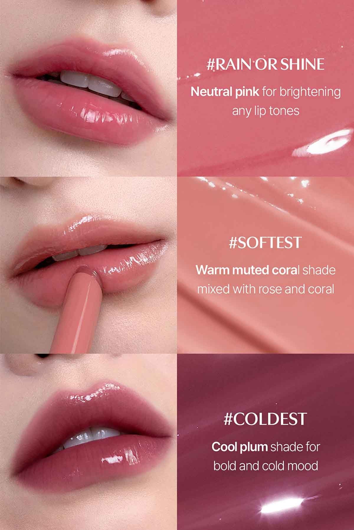 swatch images of per shade : rain or shine, softest, coldest 
