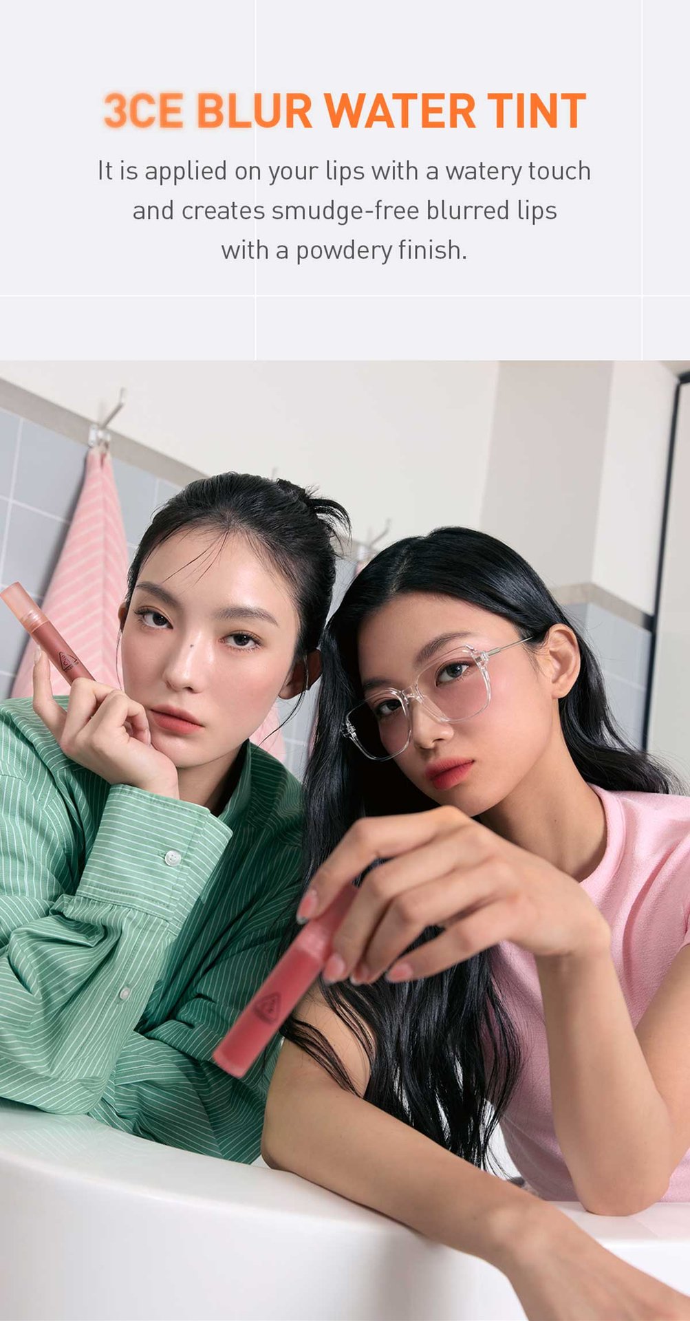 Key model visual with description of 3CE Blur Water Tint