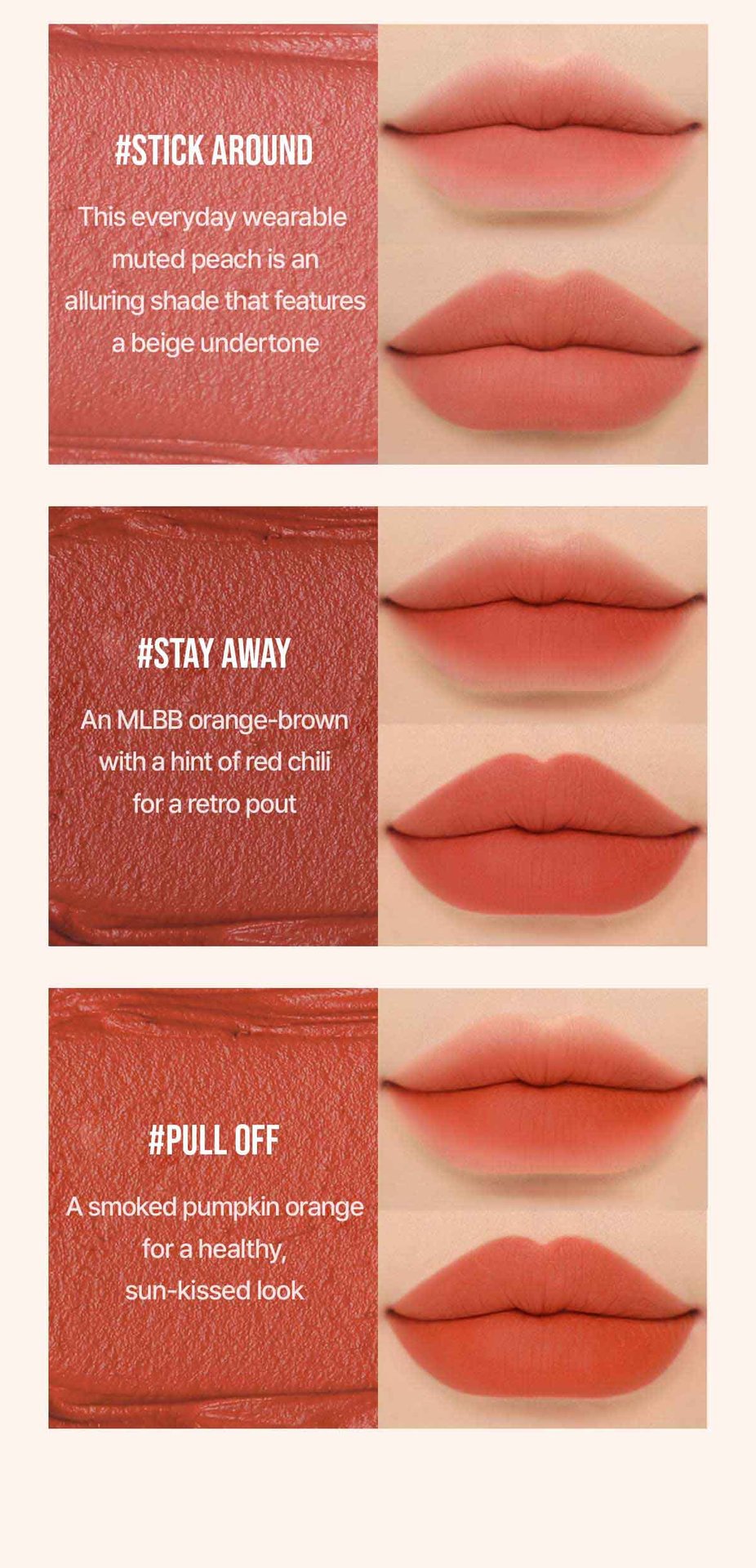 warm undertone shades of BLURRING LIQUID LIP #Stick Around, #Stay Away,#Pull off 