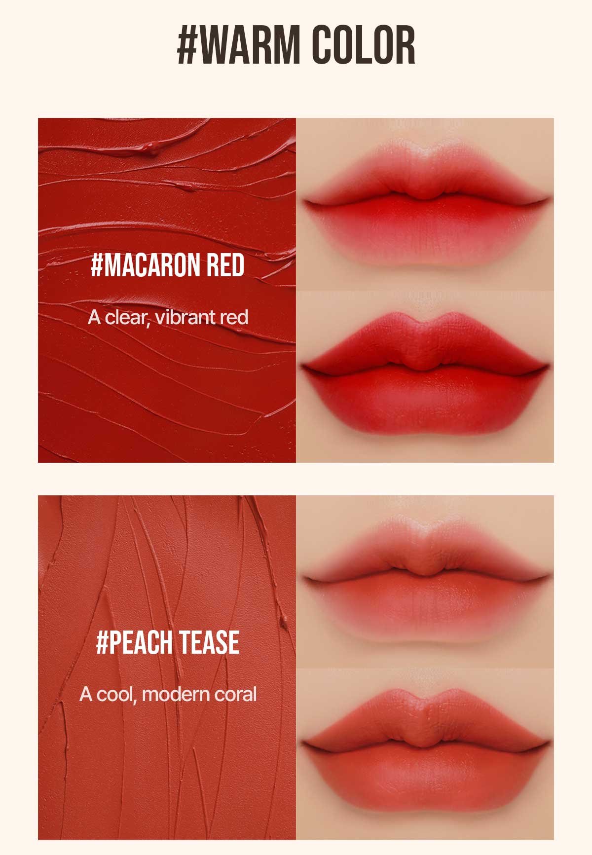 Warm undertone shades of Cloud Lip Tint #macaron red, #peach tease