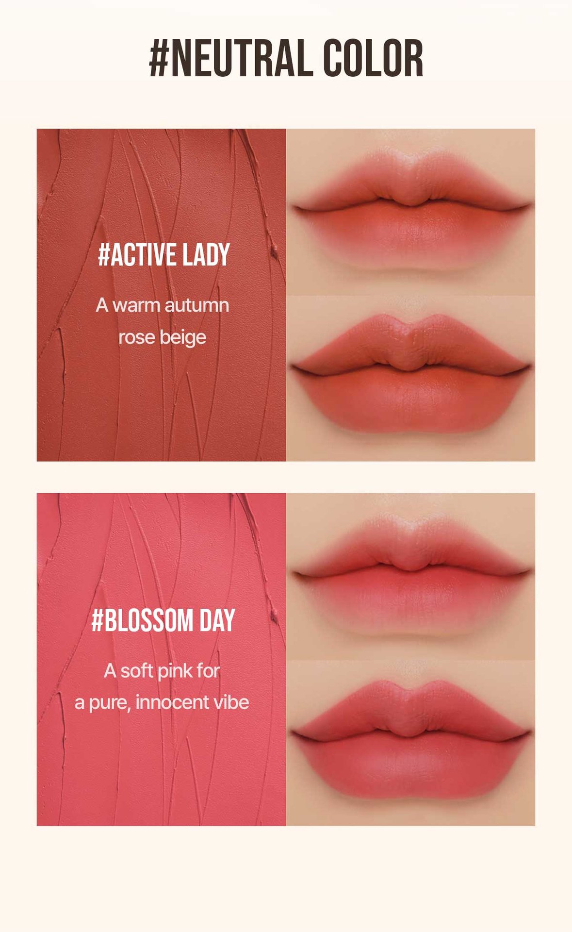 Neutral undertone shades of Cloud Lip Tint #active lady, #Blossom Day,