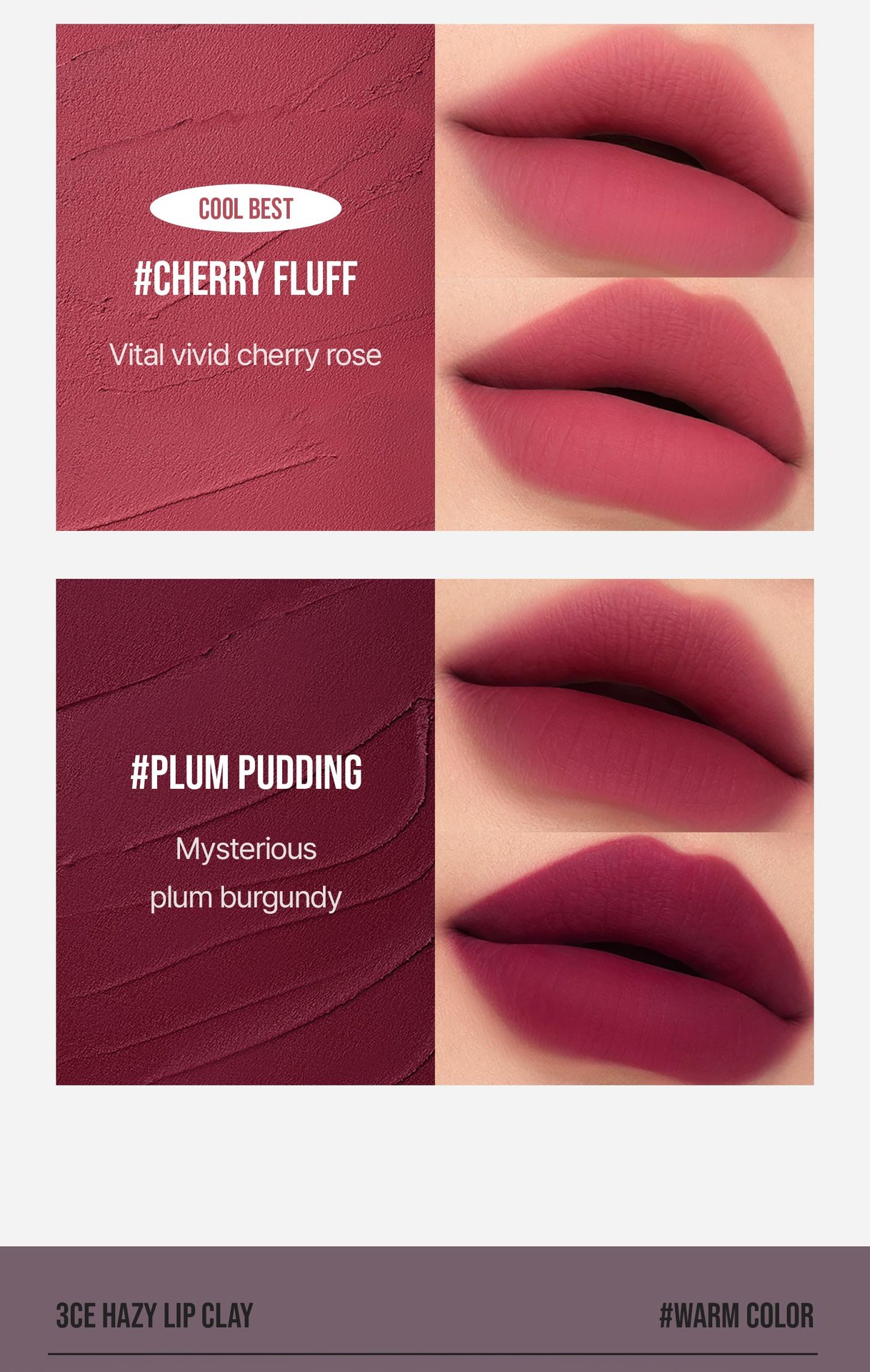 cool undertone shades of 3CE hazy lip clay