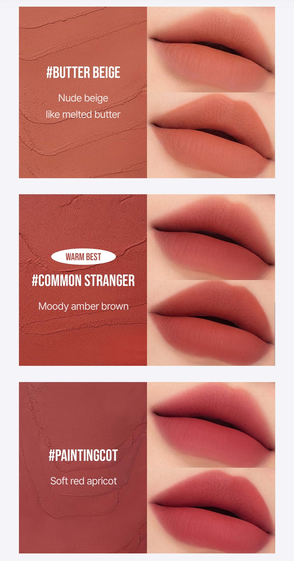 warm undertone shades of 3CE hazy lip clay