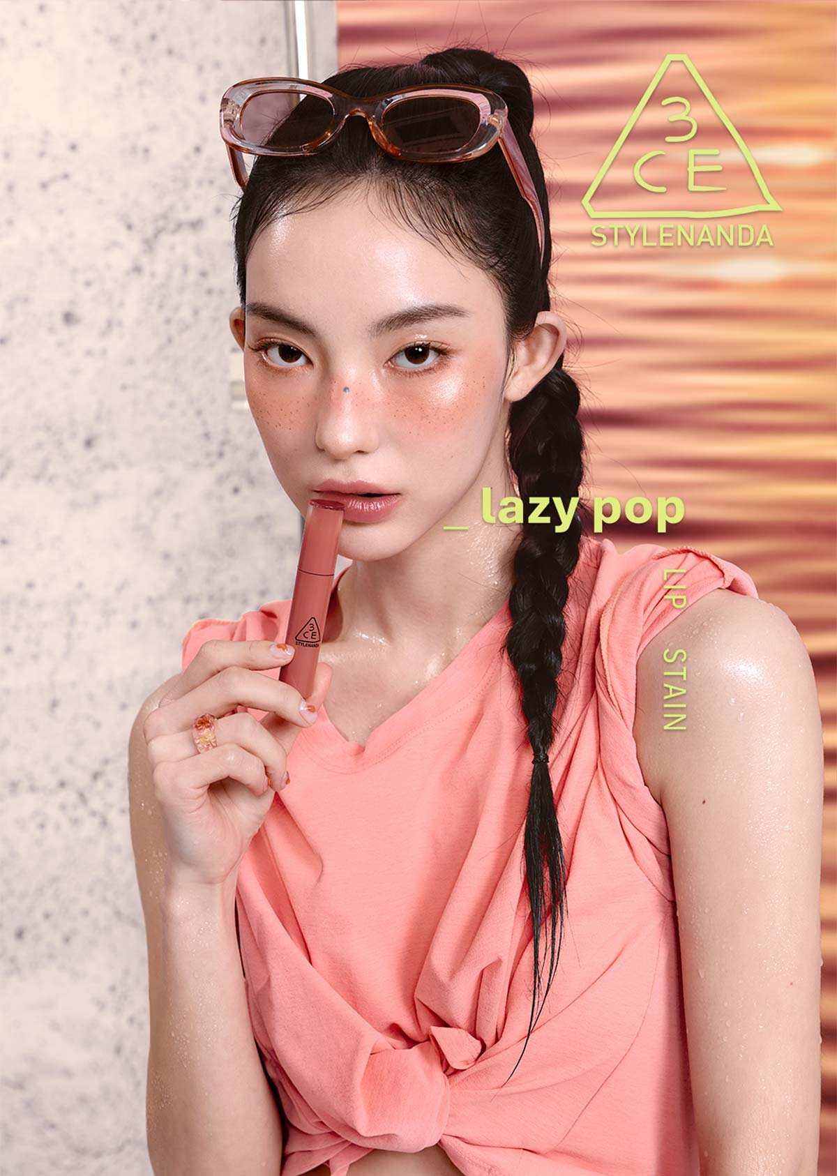 Key model visual of 3CE Lazy Pop Stain Lip Tint
