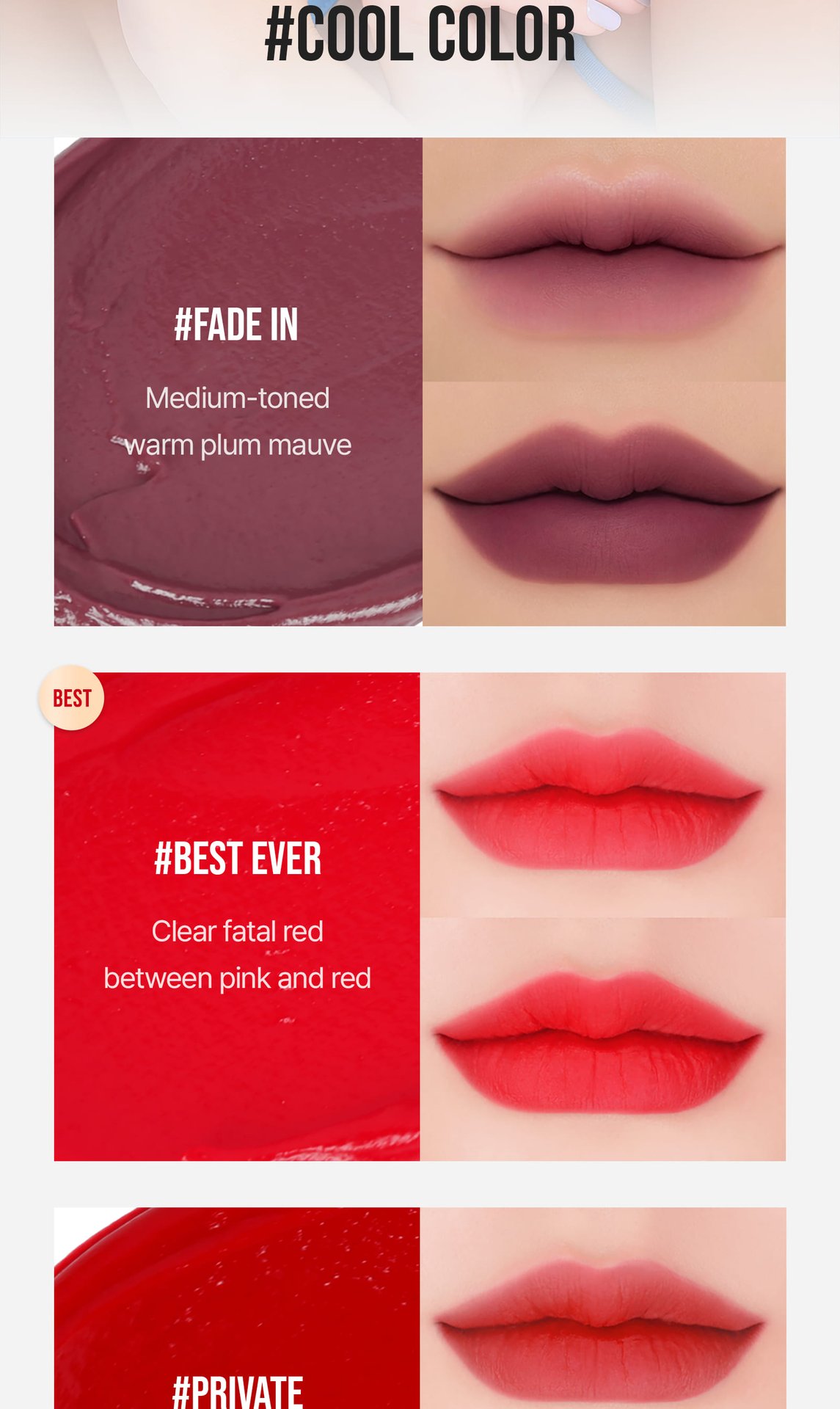 cool undertone shades of 3CE Velvet Liptint