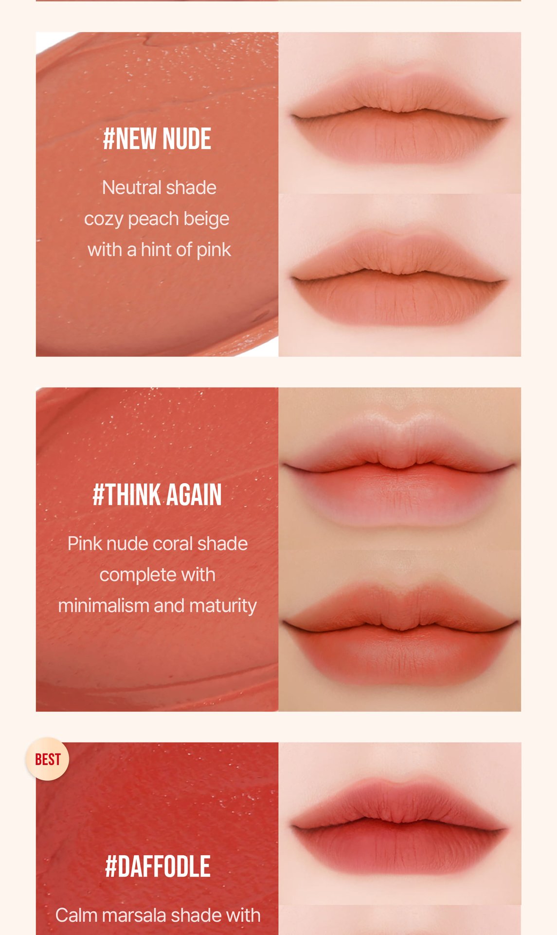 warm undertone shades of 3CE Velvet Liptint
