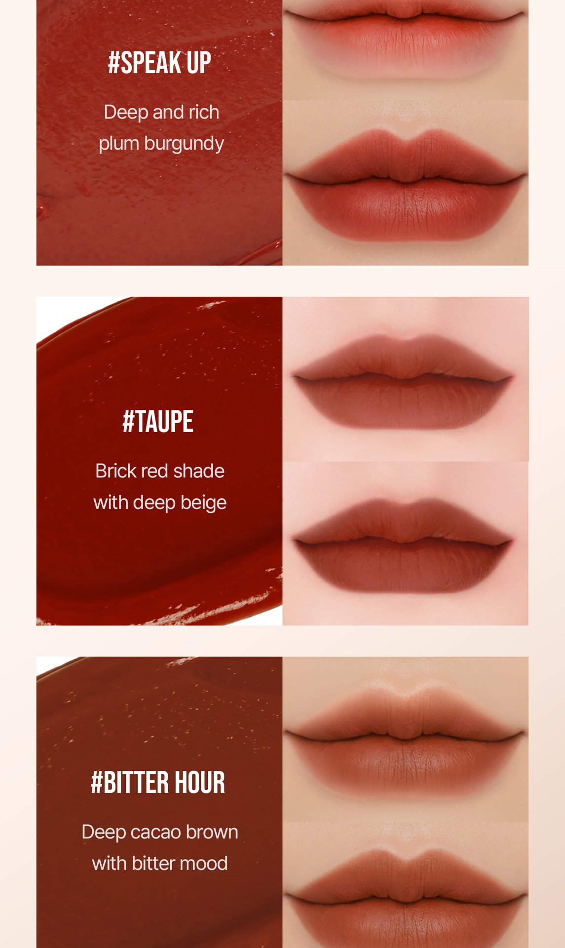 warm undertone shades of 3CE Velvet Liptint