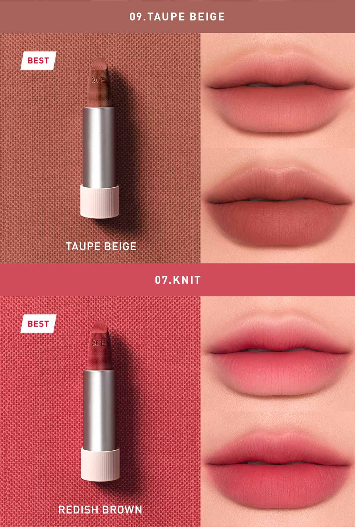 warm undertone shades of 3CE Cashmere Hug Lipstick