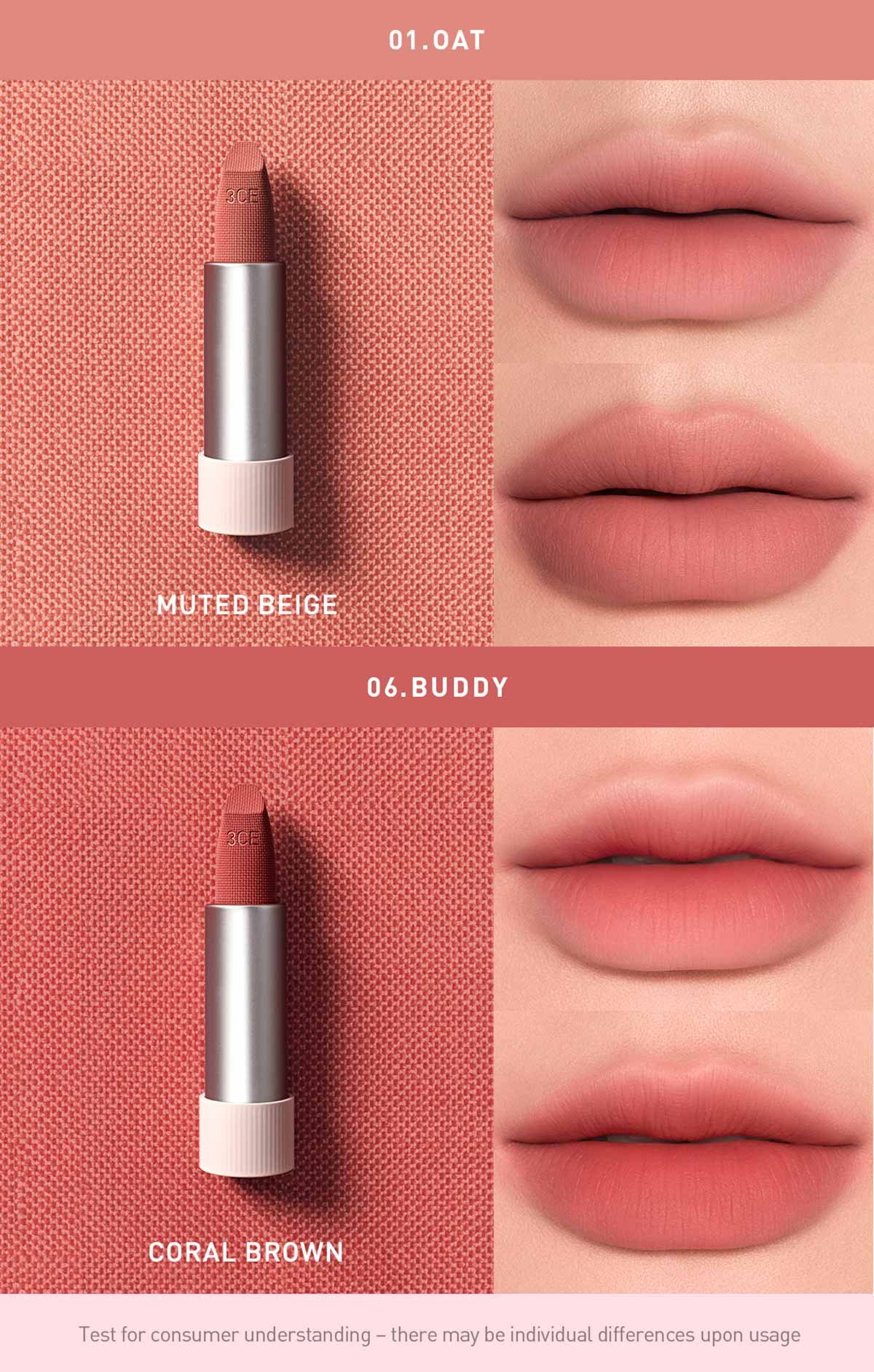 warm undertone shades of 3CE Cashmere Hug Lipstick