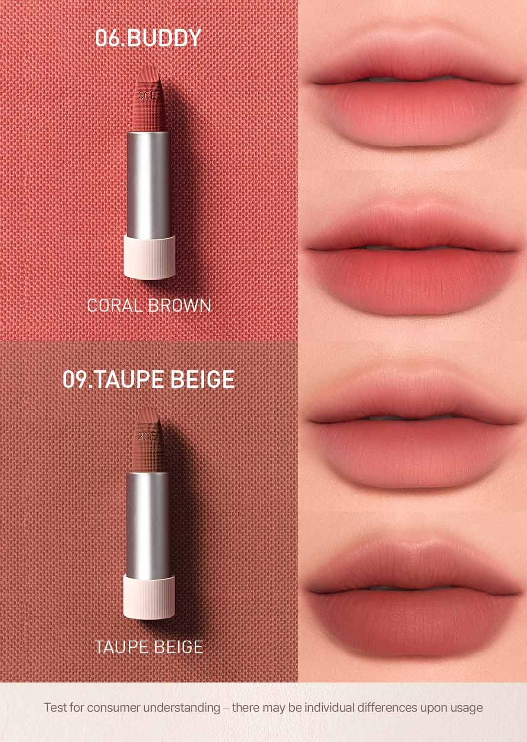 warm undertone shades of 3CE Cashmere Hug Lipstick