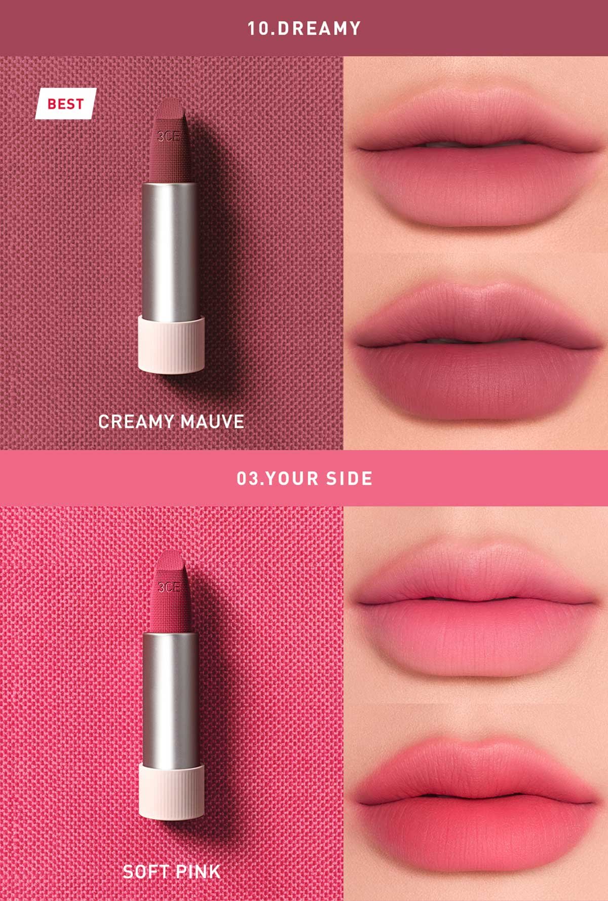 cool undertone shades of 3CE Cashmere Hug Lipstick