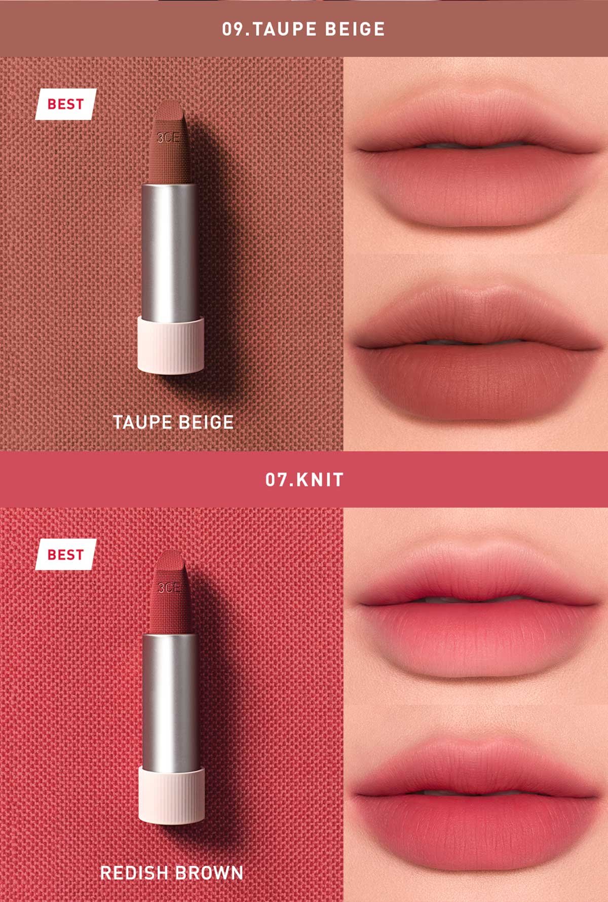 warm undertone shades of 3CE Cashmere Hug Lipstick