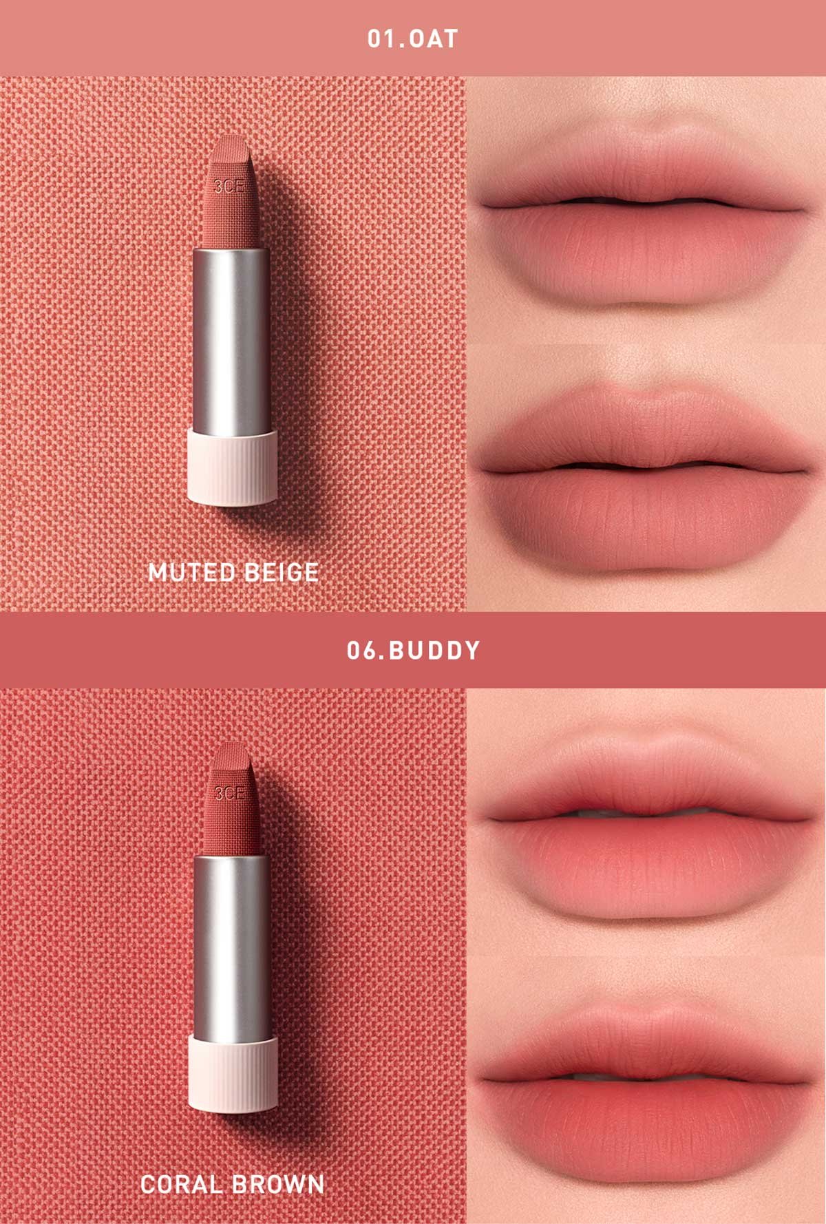 warm undertone shades of 3CE Cashmere Hug Lipstick