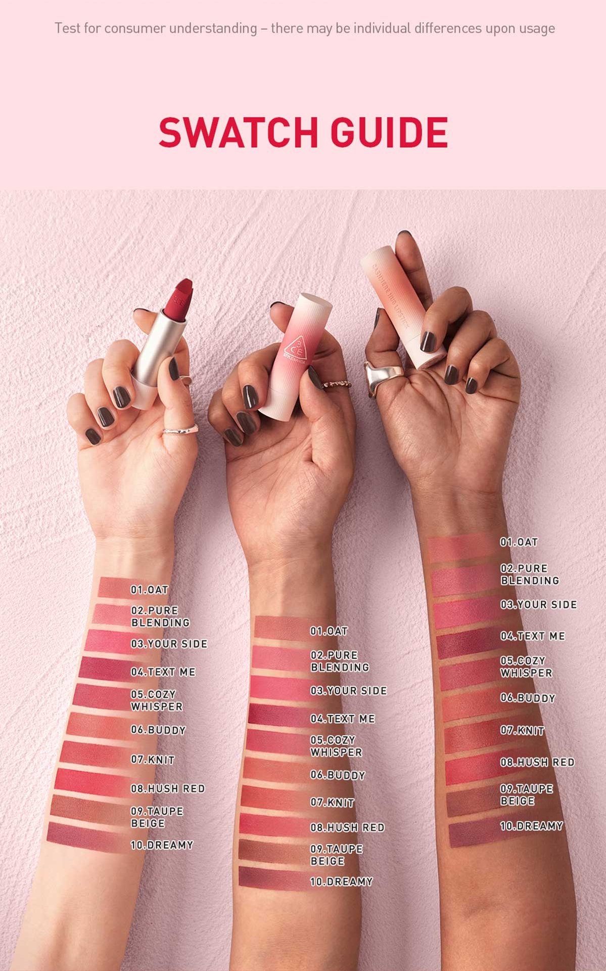 warm undertone shades of 3CE Cashmere Hug Lipstick