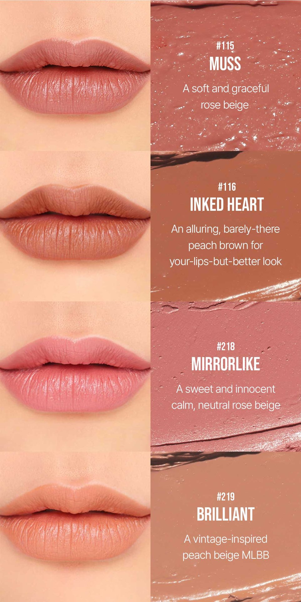 swatch images of per shade : muss,inked heart, mirrorlike,brilliant 