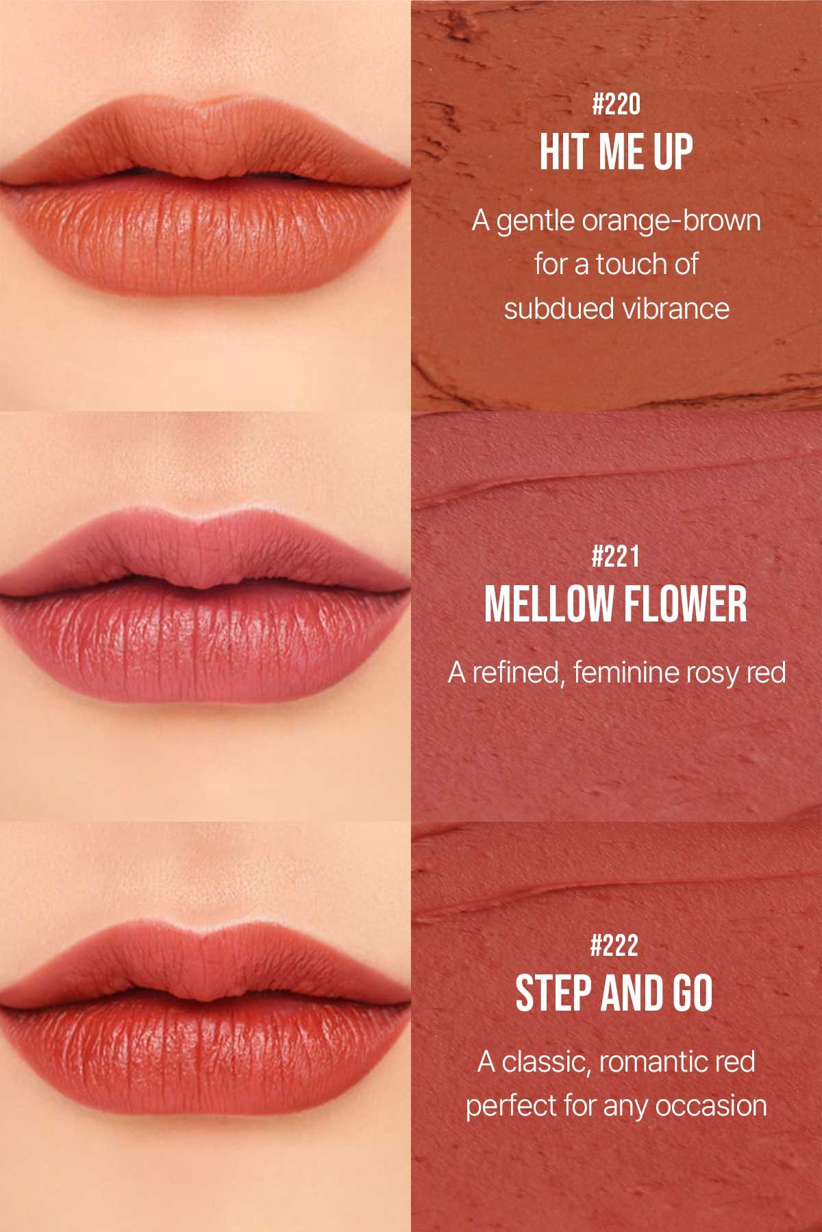 swatch images of per shade : hit me up,mellow flower,step and 60