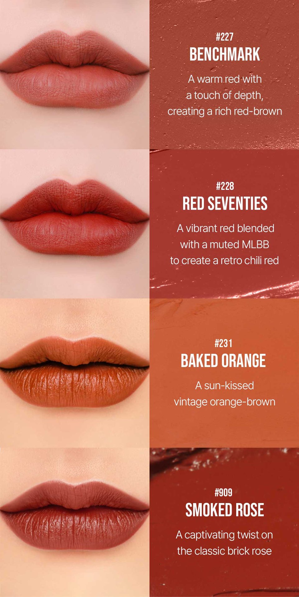swatch images of per shade : benchmark, red seventies,baked orange,smoked rose