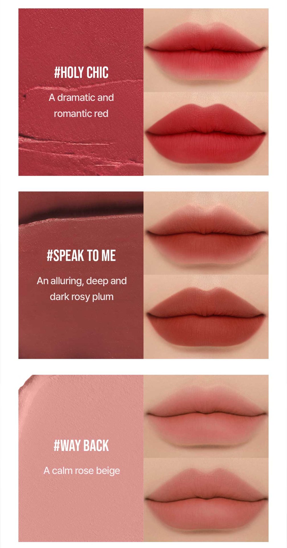 swatch images of per shade : holy chic, speak to me, way back 