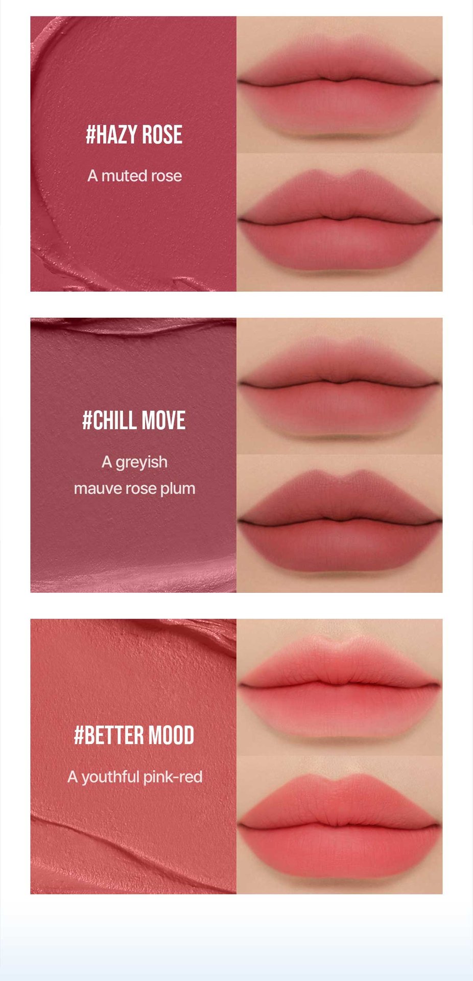 swatch images of per shade : hazy rose, chill move, better mood 