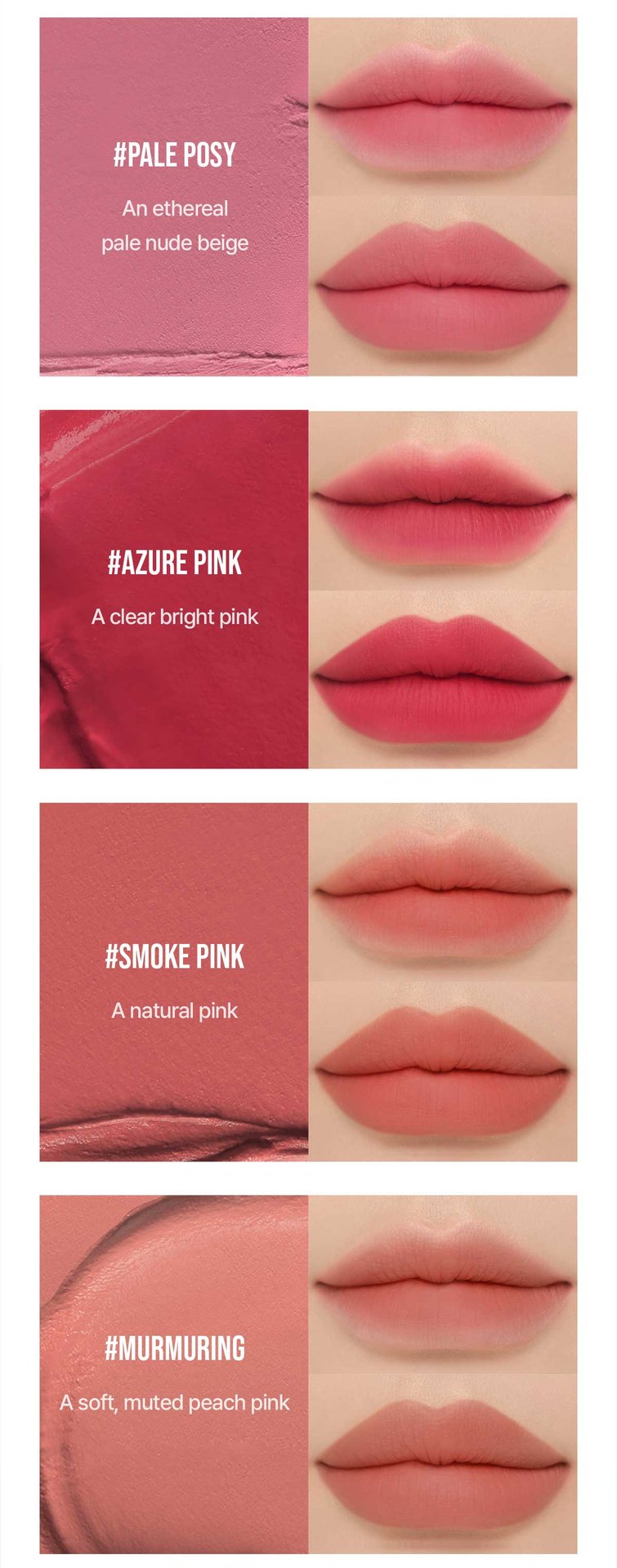 swatch images of per shade : pale posy, azure pink,smoke pink, murmuring