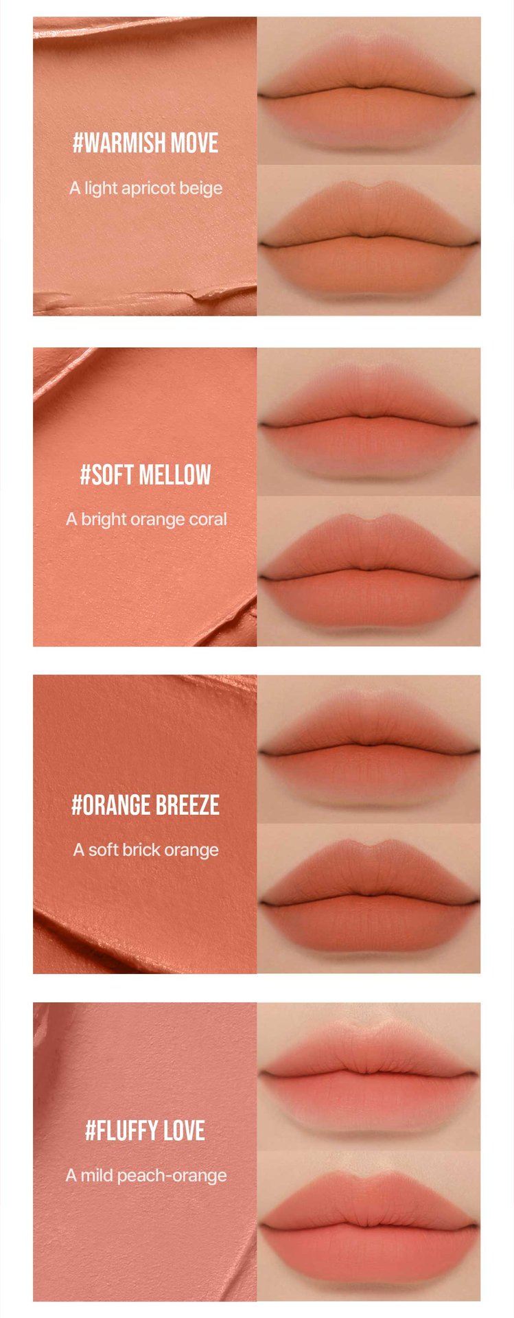 swatch images of per shade : warmish move,soft mellow, orange breeze, fluffy love 