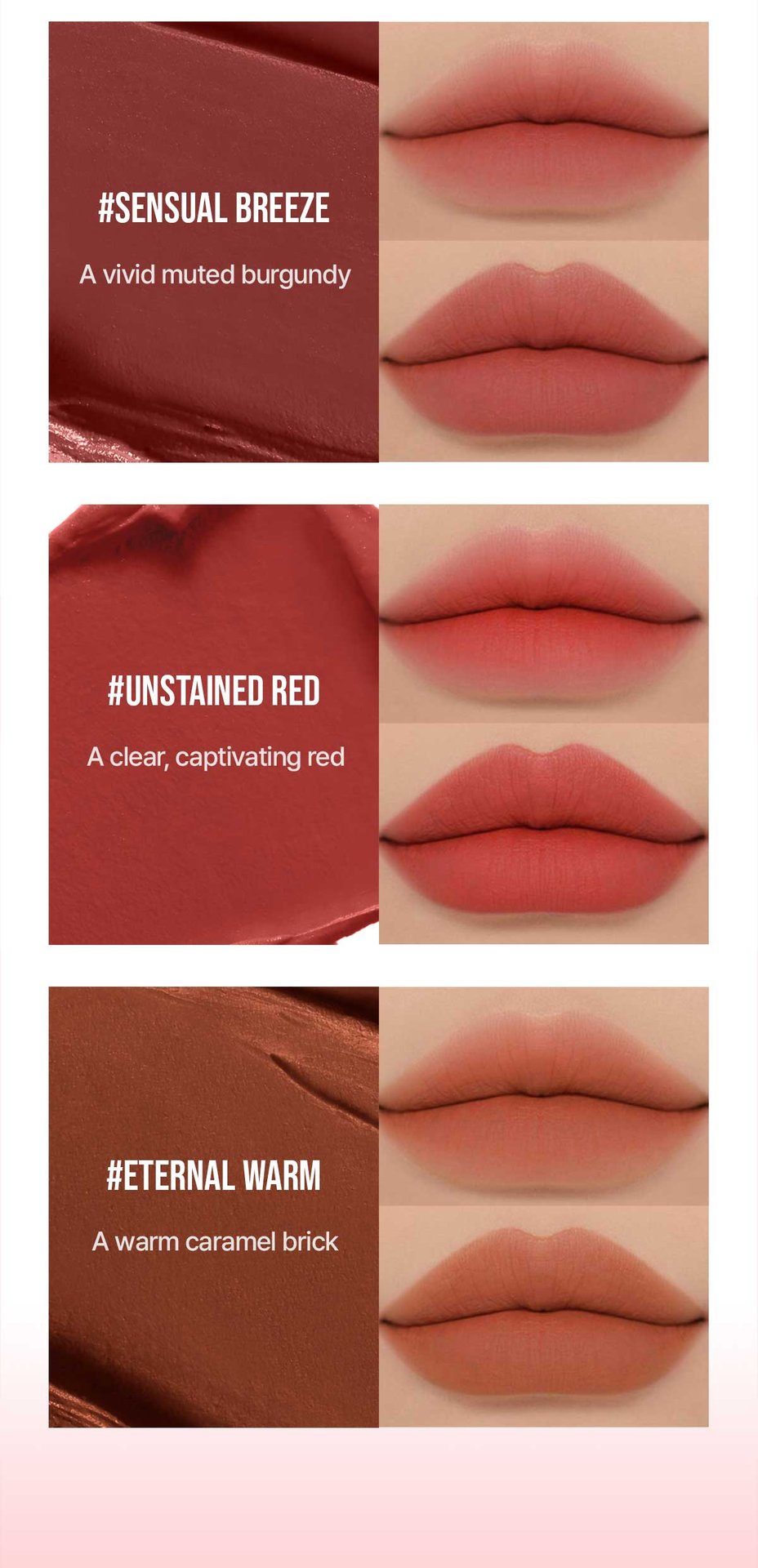 swatch images of per shade : sensual breeze,unstained red,eternal warm 