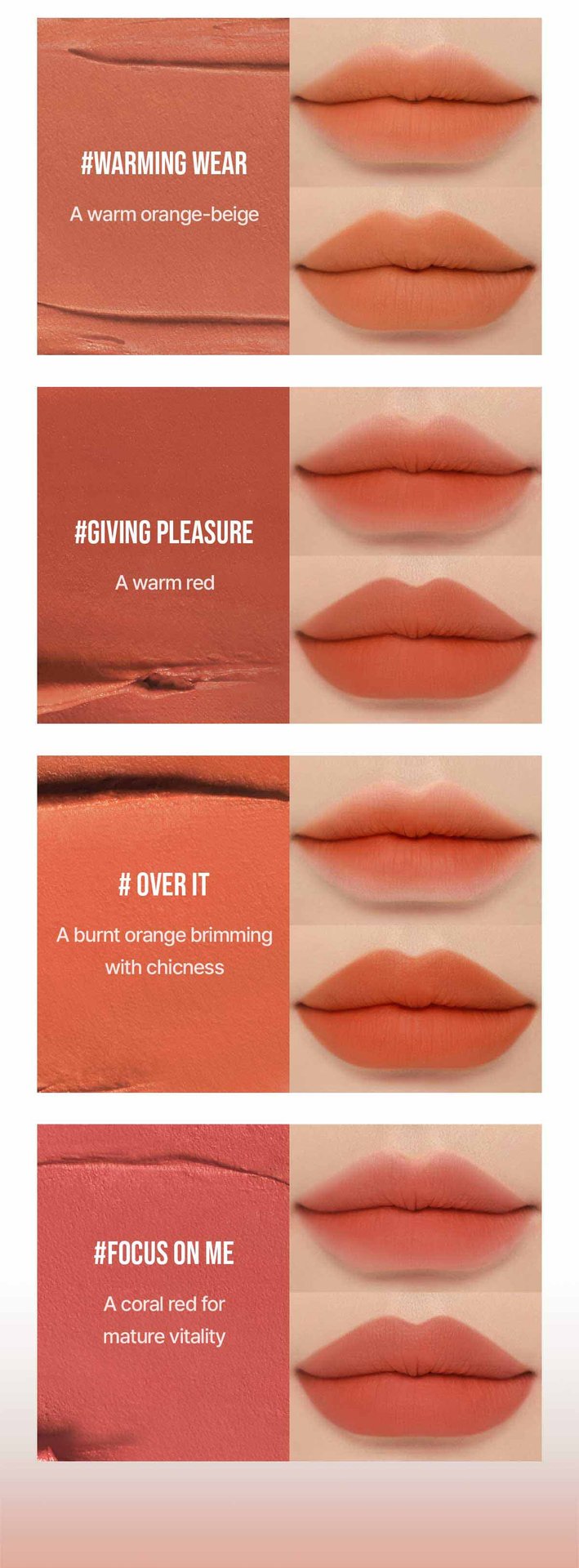 swatch images of per shade : warming wear,giving pleasure,over it, focus on me 