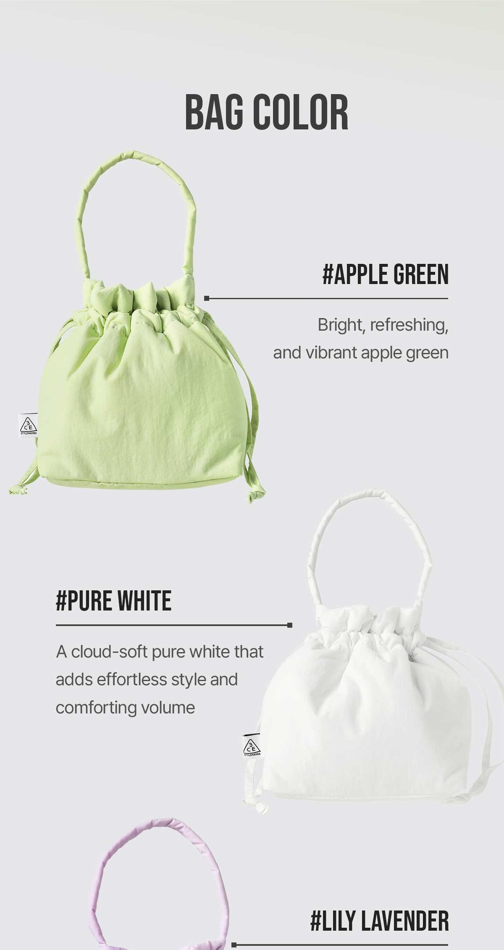 5 Color types of 3CE Padded Bucket Bags_1