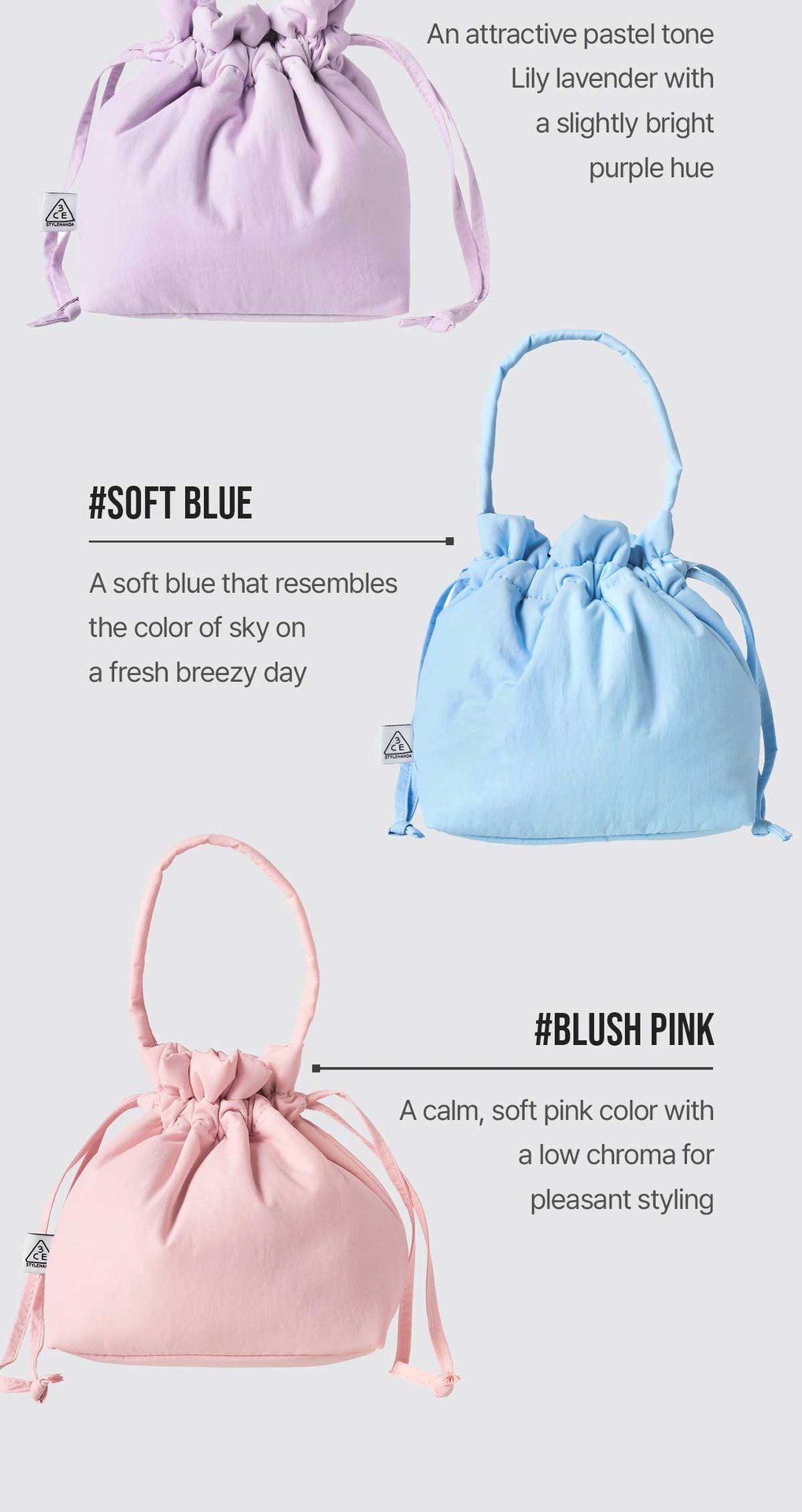 5 Color types of 3CE Padded Bucket Bags_2