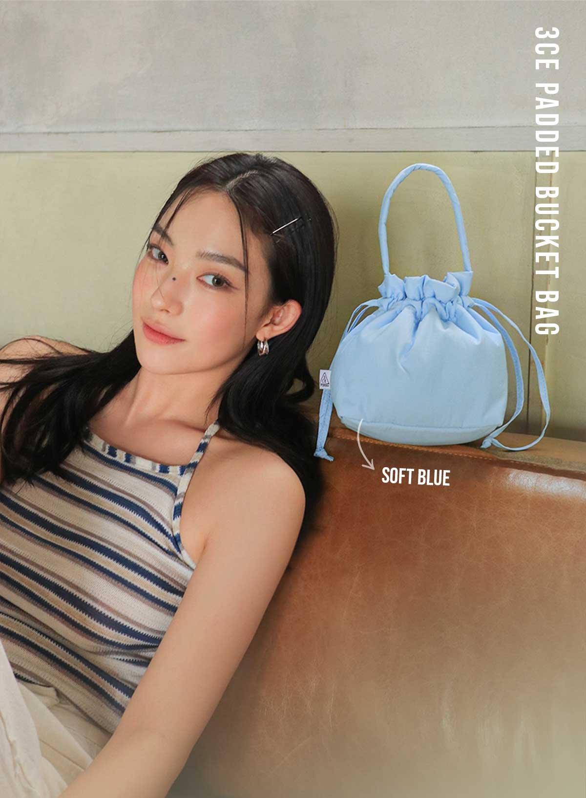 soft blue color product image of 3CE padded bucket bag 
