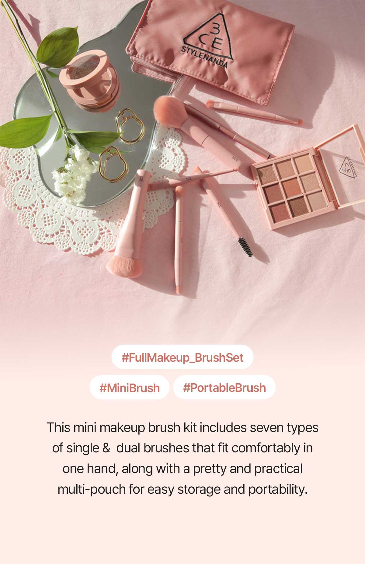 Key product visual with description of 3CE mini makeup brush kit